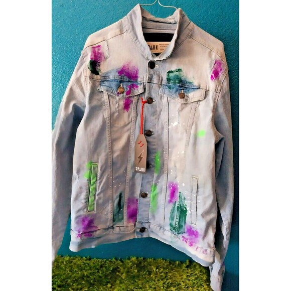 Spark Men's Light Wash Denim Blue Jean Jacket ARTIST edition Paint Size Large - Picture 1 of 11
